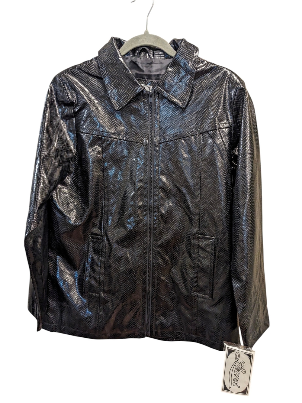 Learsi Black Faux Snakeskin Embossed Leather Zip Jacket Size Medium